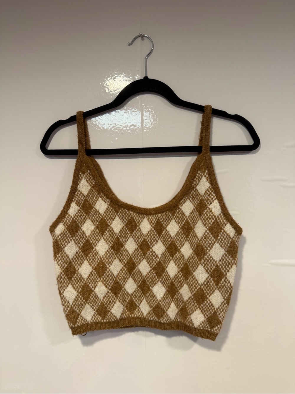 Zara Brown & Cream Argyle Knit Crop Tank Top